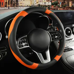 Leather Steering Wheel Cover, Breathable, Anti-Slip & Odor-Free, Black and Orange