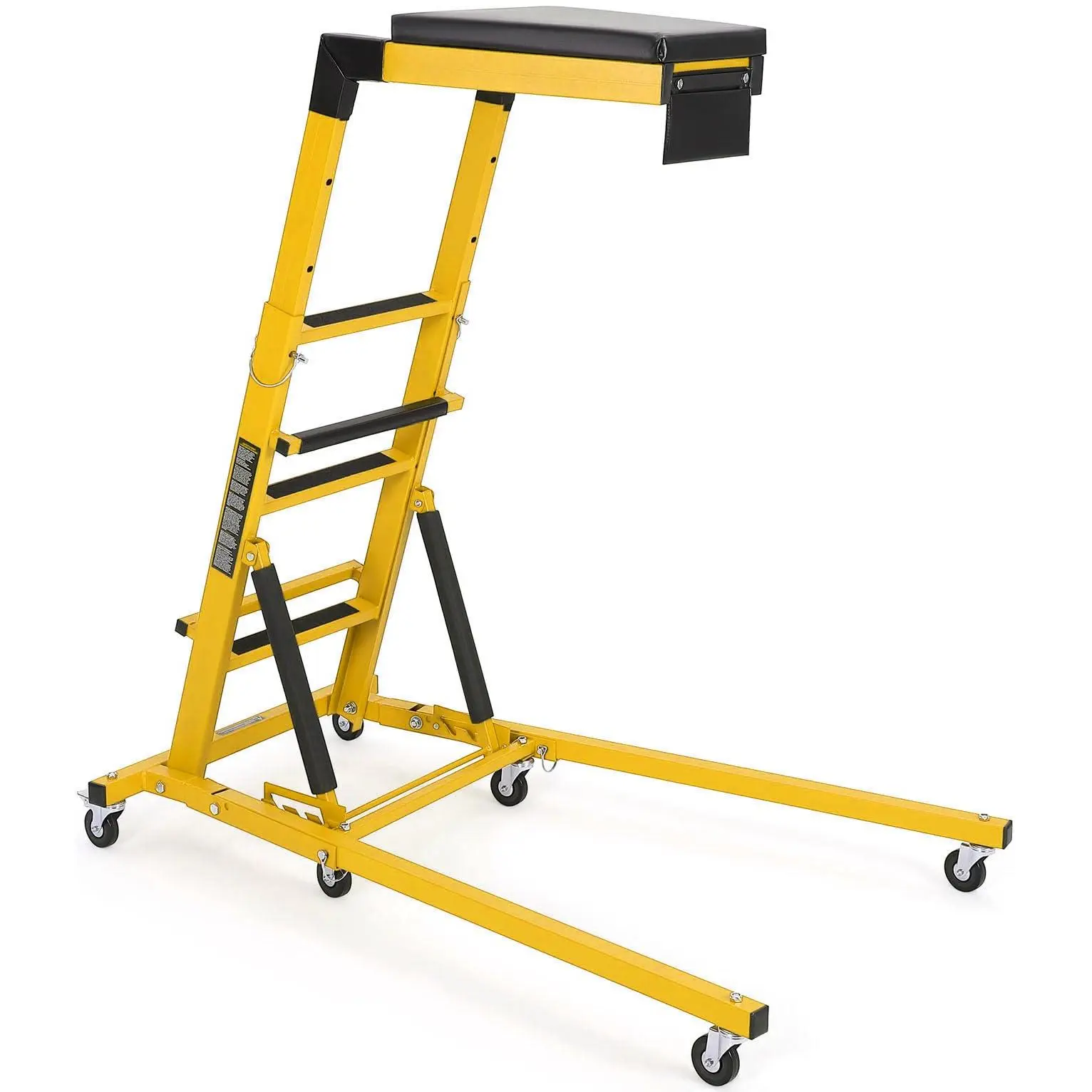 Foldable Steel Frame Creeper Chair, 48"-66" Adjustable Height, 400 lbs Load Capacity, High-Top Side Creeper with 6 Locking Swivel Wheels, Heavy-Duty for Garage Shop, Yellow, Locking Wheels