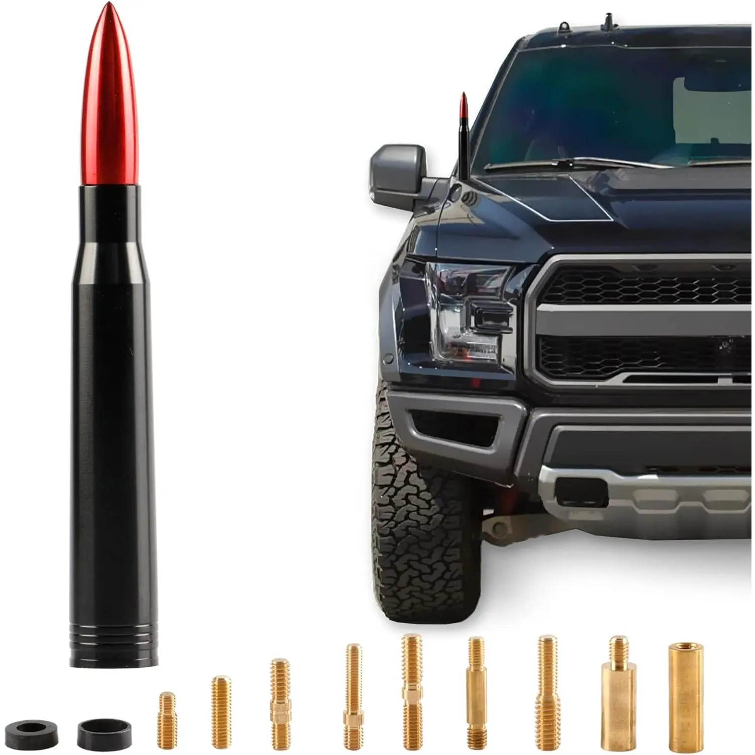 BJSIA Aluminum Bullet-Shape Universal Fit Truck Antenna Replacement, Tool-Free Windproof Car Accessory Compatible with Ford, Dodge, Chevrolet, GMC, Jeep, Toyota, Red