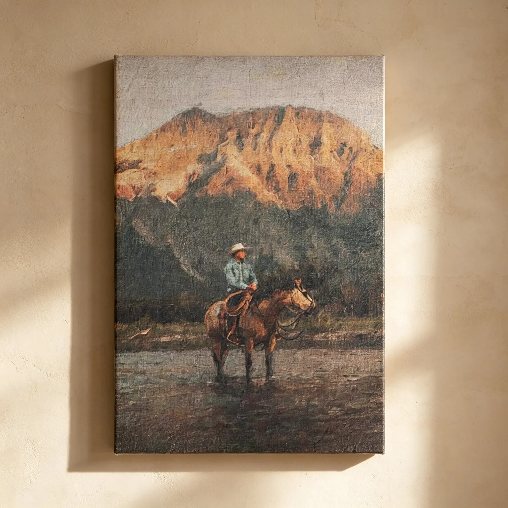Retro Rustic Wood Framed Texas Heritage Western Cowboy Canvas Wall Art - Artistic Vintage Mountain Landscape Oil Painting, Southwestern Farmhouse Hanging Decor, Gift for Horse Lovers, Housewarming