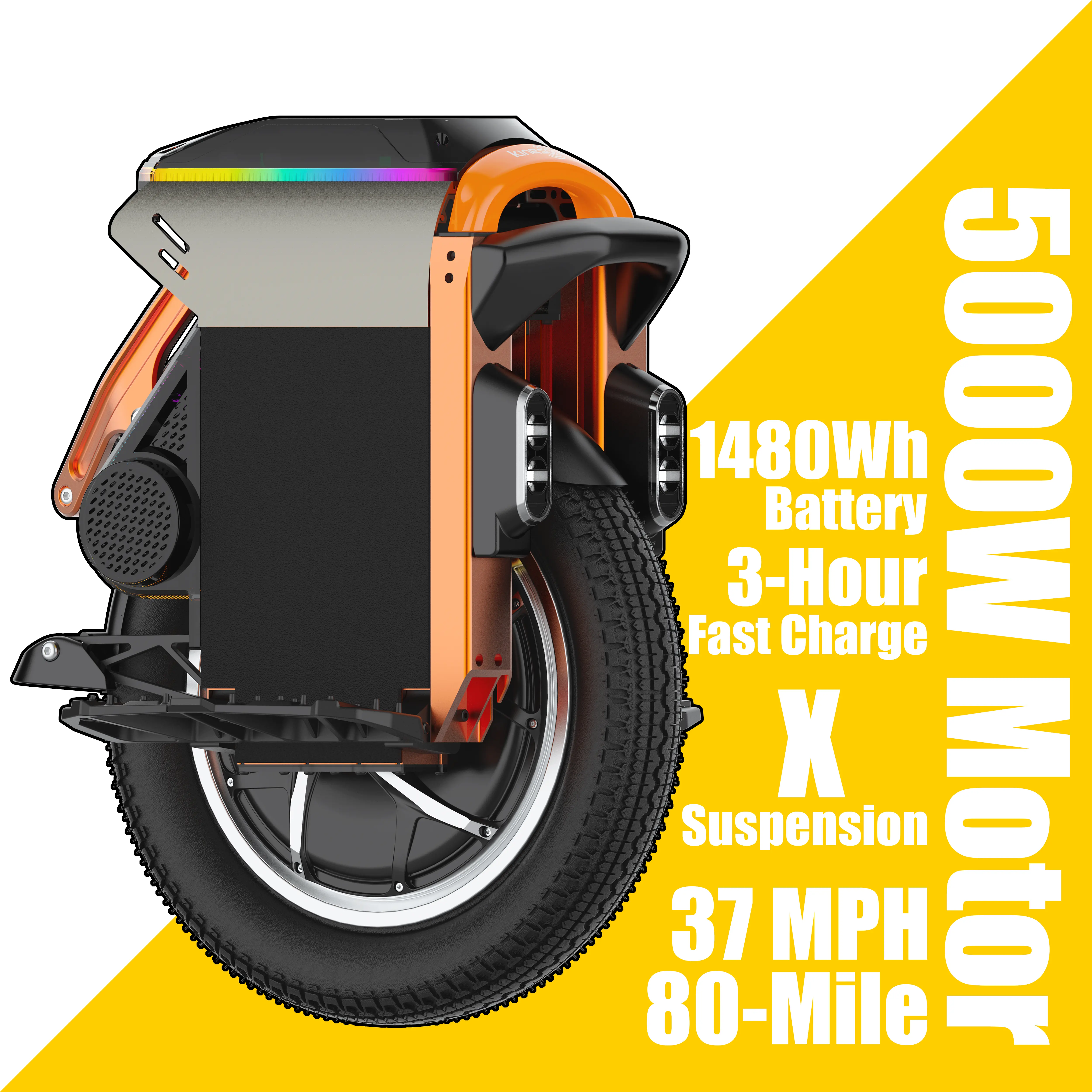KingSong S16 Pro Musical Multifunctional Self-Balancing E-Unicycle - Urban Pocket Rocket for Pros, 148 Color-Changing RGB Lights, 1480Wh Battery, 5000W Peak Motor, 37 MPH Speed, 80-Mile Range, 70lb (32kg) Capacity, 6 months Warranty, 12+ Years Age Range