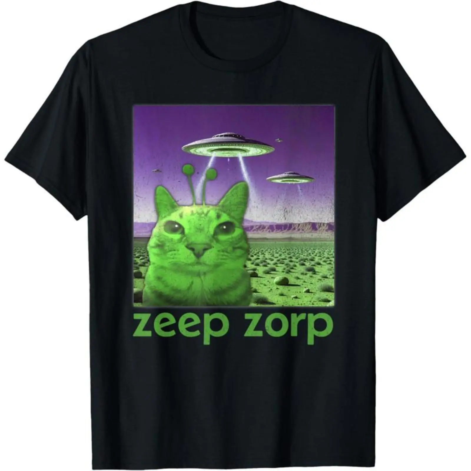 Streetwear Cotton T-Shirt with a Funny Alien Cat Meme Graphic, featuring a Casual Round Neck and Shortsleeve Cut
