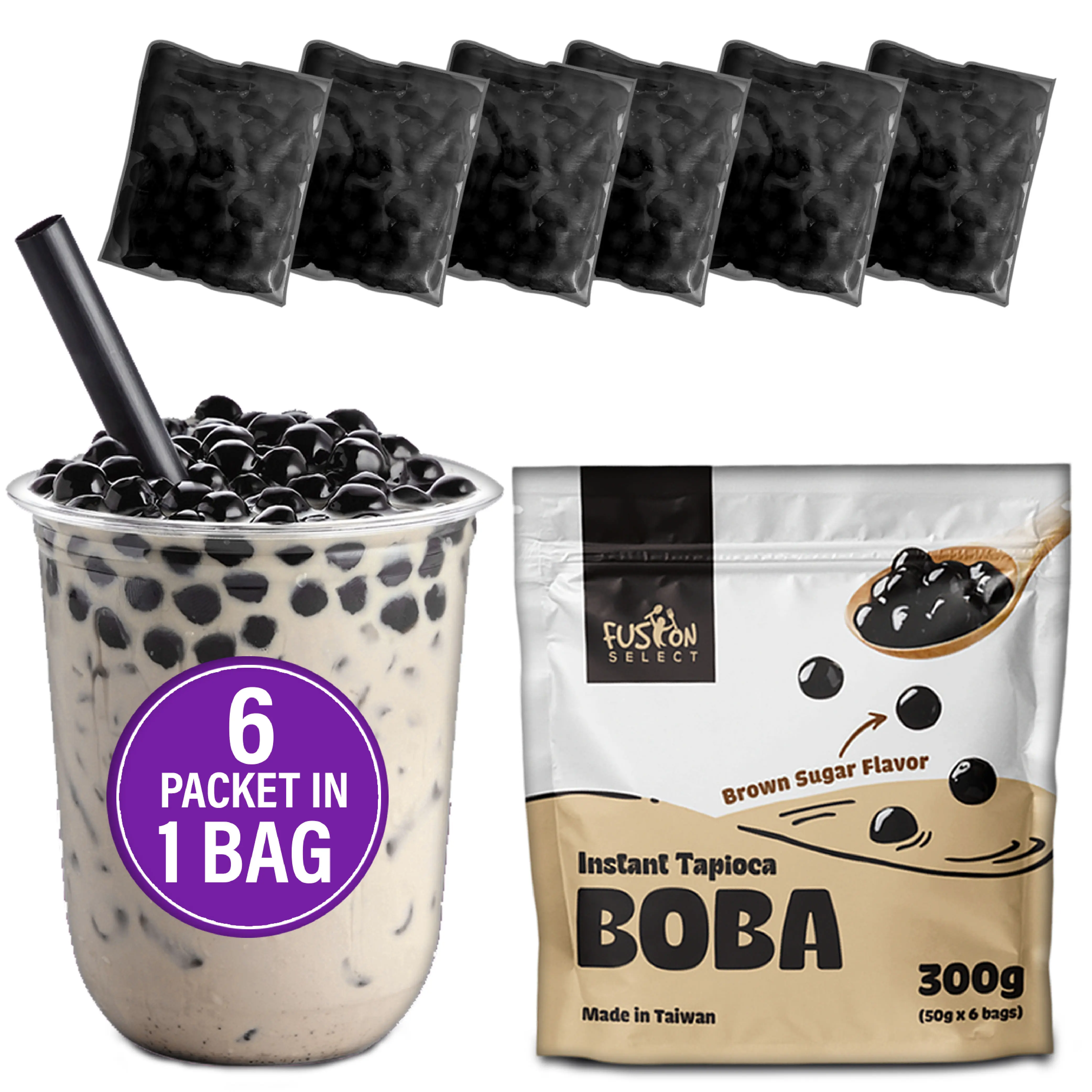 Fusion Select Instant Boba - No-Cook Tapioca Pearls for Bubble Tea Drinks, 6 Pack, Brown Sugar Flavor, Ready in Seconds, Microwave or Boiling Water, Perfect for Desserts