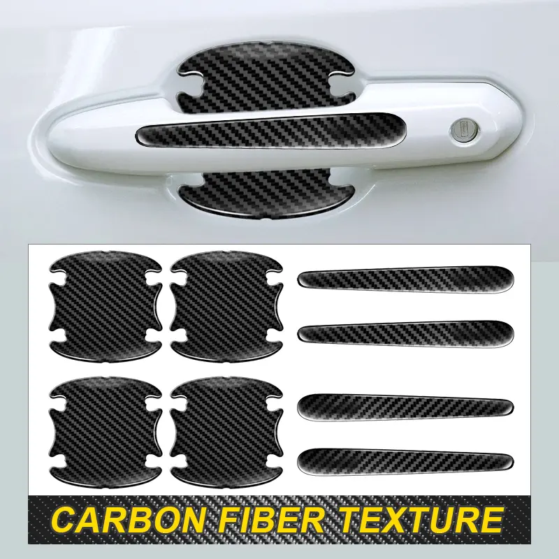 summerfinds 8-Piece 3D Carbon Fiber Texture Car Sticker Deco Set - PVC Adhesive Handle & Door Bowl Guards, Abrasion-Resistant, Water-Resistant, Anti-Scratch, Heat-Apply Paint Protector for Universal Cars (4 Handles + 4 Bowls, Ideal for Outdoor Parking)