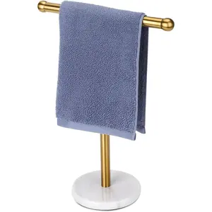 Gold Hand Towel Holder Stand with Heavy Marble Base, T-Shape Towel Rack, Free-Standing for Bathroom Vanity Countertop, 304 Stainless Steel (Gold)