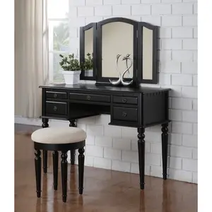 Bedroom Contemporary Vanity Set w Foldable Mirror Stool Drawers Black Color