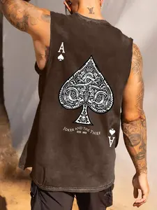 Men's Casual Loose-Fit Sleeveless Short T-Shirt, Pure Cotton Fabric, Knit, Spade a Print, Summer Street Style Essential, Streetwear