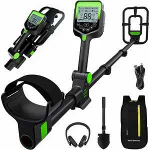 Rechargeable Metal Detector Kit for Adults - Foldable,  Search Coil, Adjustable Height, Includes Shovel, Backpack, Headphones, Pinpointer, Ideal for  &  Detection, Green