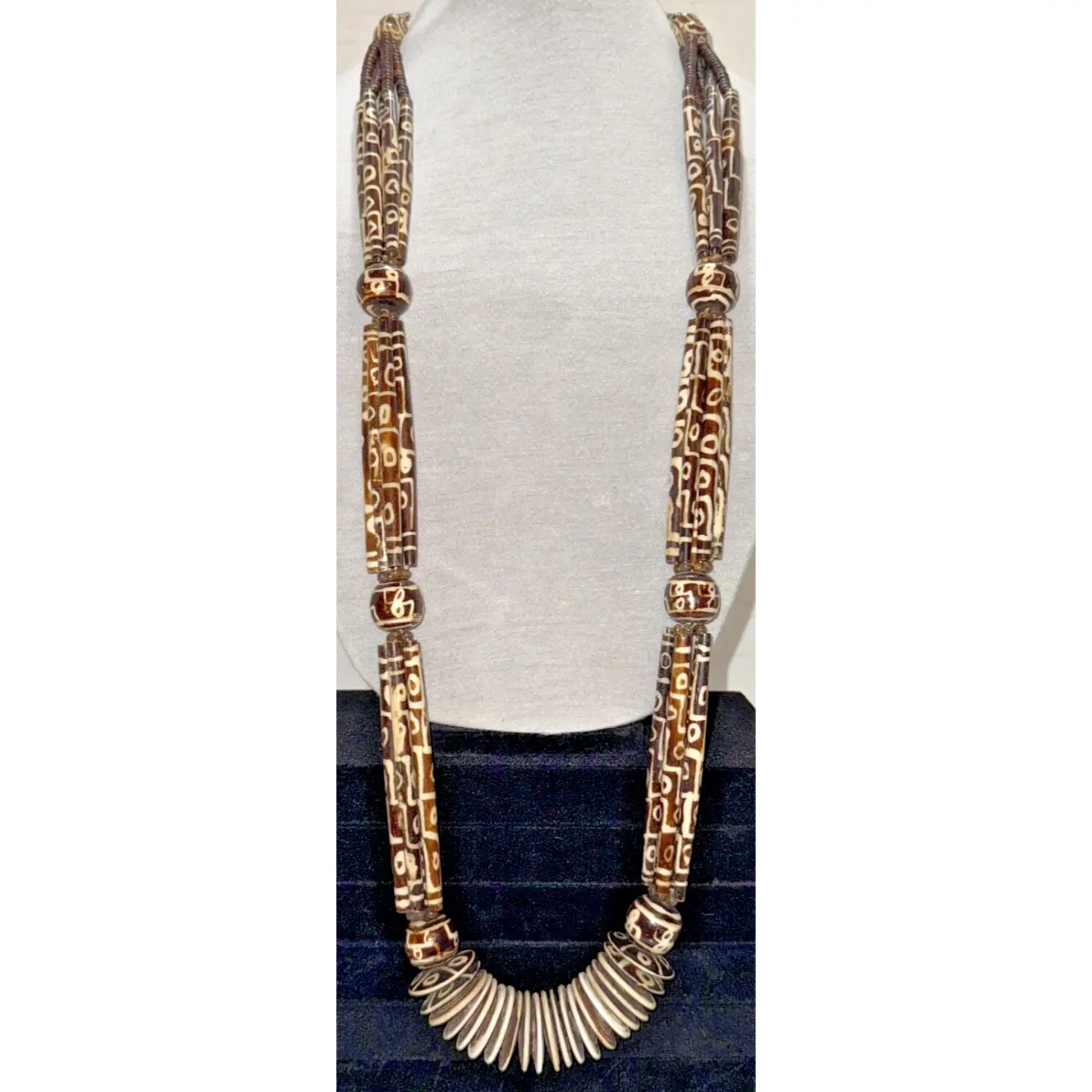 Antique 1850-1900 African Cow Batik Bone Disc Bead Ceremonial Necklace, 24" Long - 1800s Era, African Style, Bead String, Ethnic-Inspired, Handcrafted Ethnic Necklaces, 1800S Era Necklaces