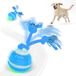 Interactive Smart Automatic Moving Electric Rolling Birdsong Squeaky Durable Stimulating Dog Ball Toys with Rope to Keep Them Busy for Boredom, Blue,Orange