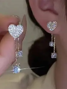Heart Shaped Rhinestone Decorated Earrings, Statement Earrings, Fashionable Jewelry for Women & Girls, Trendy All-match & Exquisite Jewelry for Birthday Gift