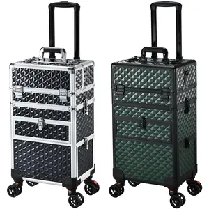 Rolling Makeup Case with Drawers 4 Tray Makeup Travel Case on Wheels Salon Barber Case Traveling Cart Trunk for Cosmetology Nail Tech Hairstylist