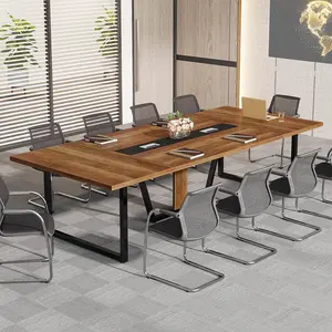 LITTLE TREE 8FT Conference Table, 94.49 L x 47.24 W x 29.53 H Inches Large Meeting Table/Podcast Table for 10 People, Business Style Wooden Training Table with Strong Metal Frame for Office Conference,two separate package