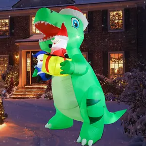 8FT Christmas Inflatable Dinosaur Decor with Santa & Gift – LED - Lit,Outdoor Decoration with Air Blower, Stakes & Ropes for Yard, Lawn Holiday Ambiance,Christmas Decor