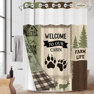 1pc hookless shower curtain with buckle lining, brown bear and deer paw print cabin design 2D flat printing, fabric waterproof lining, see-through double-layer shower curtain, Removable Shower Curtain, 71 x 74 inches, modern home draping curtain