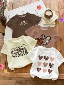 4-Pack Girls' Casual Cream Round Neck Short Sleeve T-Shirts, Vintage Leopard & Heart Prints, Summer Streetwear, Comfortable Kids Fashion