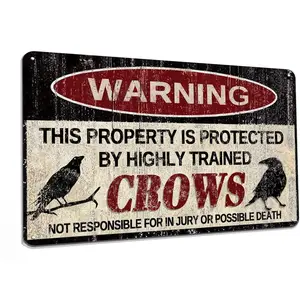 Vintage Crow Metal Sign Warning This Property is Protected by Highly Trained Crow Yard Sign Outdoor Home Wall Decor 12x8Inch