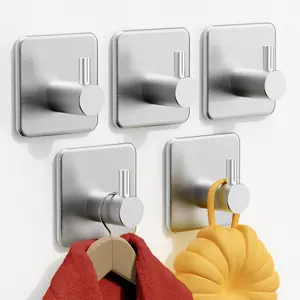 【Auxmir】Adhesive Hooks Heavy Duty 30lb(Max) Wall Hooks, 5 Pack Damage Free Stainless Steel Hanger for Hanging Coat, Hat, Towel Robe, Waterproof Oilproof Rustproof Hook for Bathroom Shower Kitchen Office,silvery