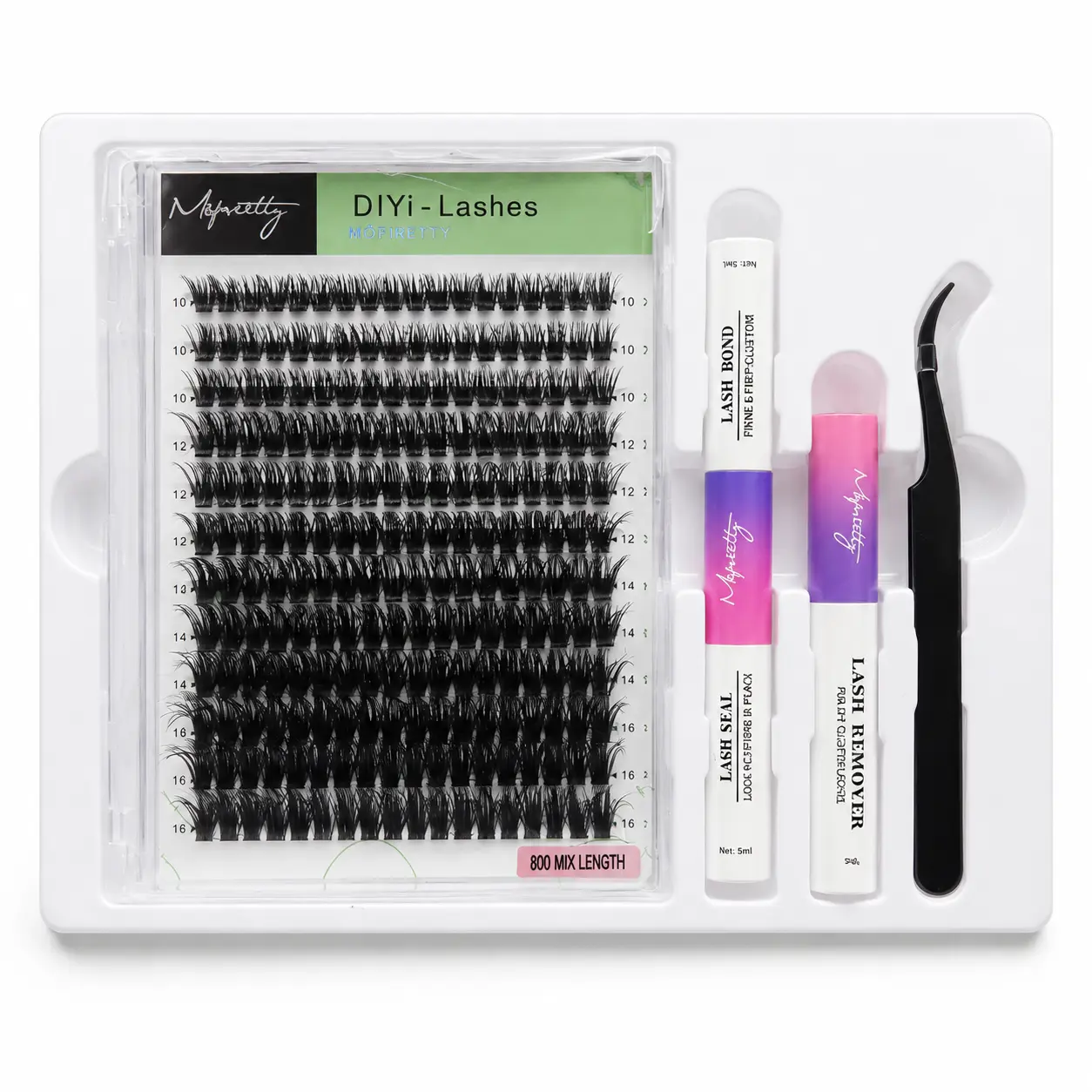 80D DIY Volumized False Eyelashes Cosmetic, 10mm-16mm Mixed Lengths, 0.07mm Dense Look, Natural/Fluffy Finish, Wipe-Compatible for Box Set with Adhesives Accessories Bundle