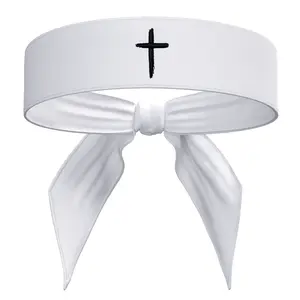 Embroidered Cross Sports Tie Headband Sweat Band Black White Distressed - Athletic Christian Jesus God Workout Bible Verse Faith Mens Womens Kids Sweatband Head Sweat Band Boys Girls Gift Football Baseball Soccer Running Accessories Faith Philippians 4:13
