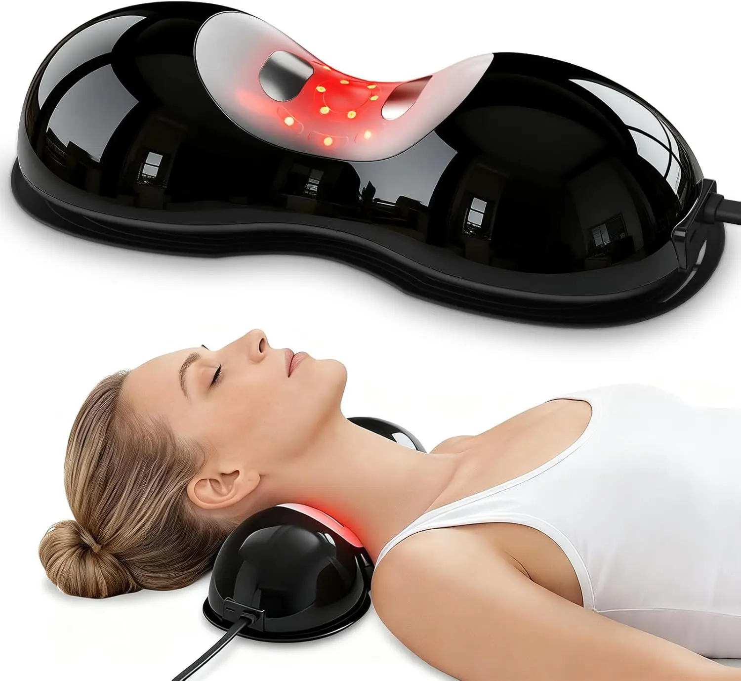 SERFORY Heated Neck Stretcher with Red Light Therapy, Neck Traction Wireless for TMJ Pain Relief and Neck Relaxer, Cervical Traction Device Massager Pillow for Home/Office Used Massagetool