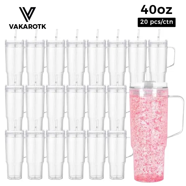 VAKAROTK 20pcs 40oz Snow Globe Acrylic Handle Tumbler, Double-Wall Plastic Cup with Handle Straw, DIY Glitter Gift Drinkware Bottle