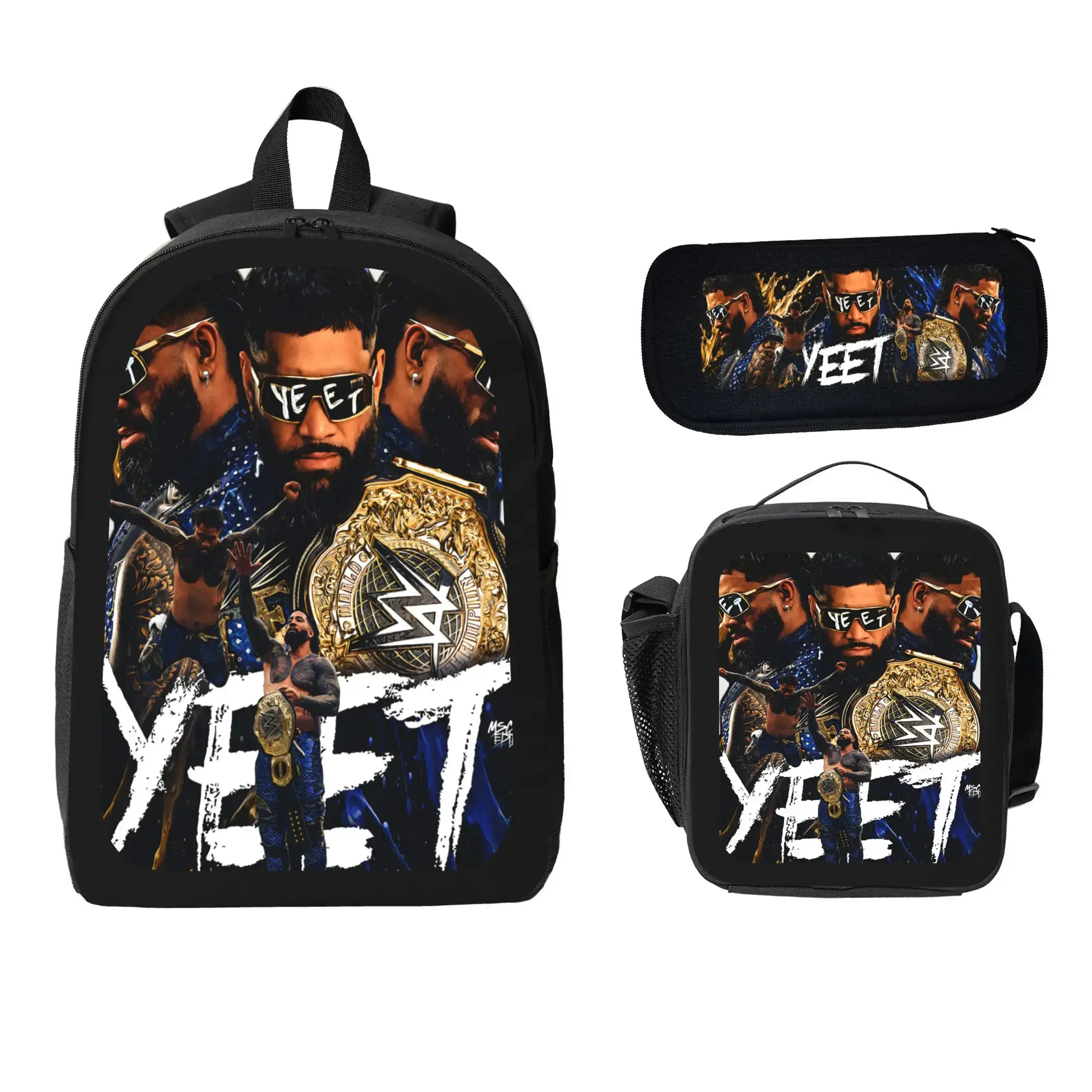 YEET 3-Piece Polyester Backpack Set - School/Travel Bookbag, Lunch Bag, Pencil Case - Lightweight Durable Wrestling Merchandise Fan Gift for Kids Teens - TikTok Viral Trending Wrestling Art Functional Bag