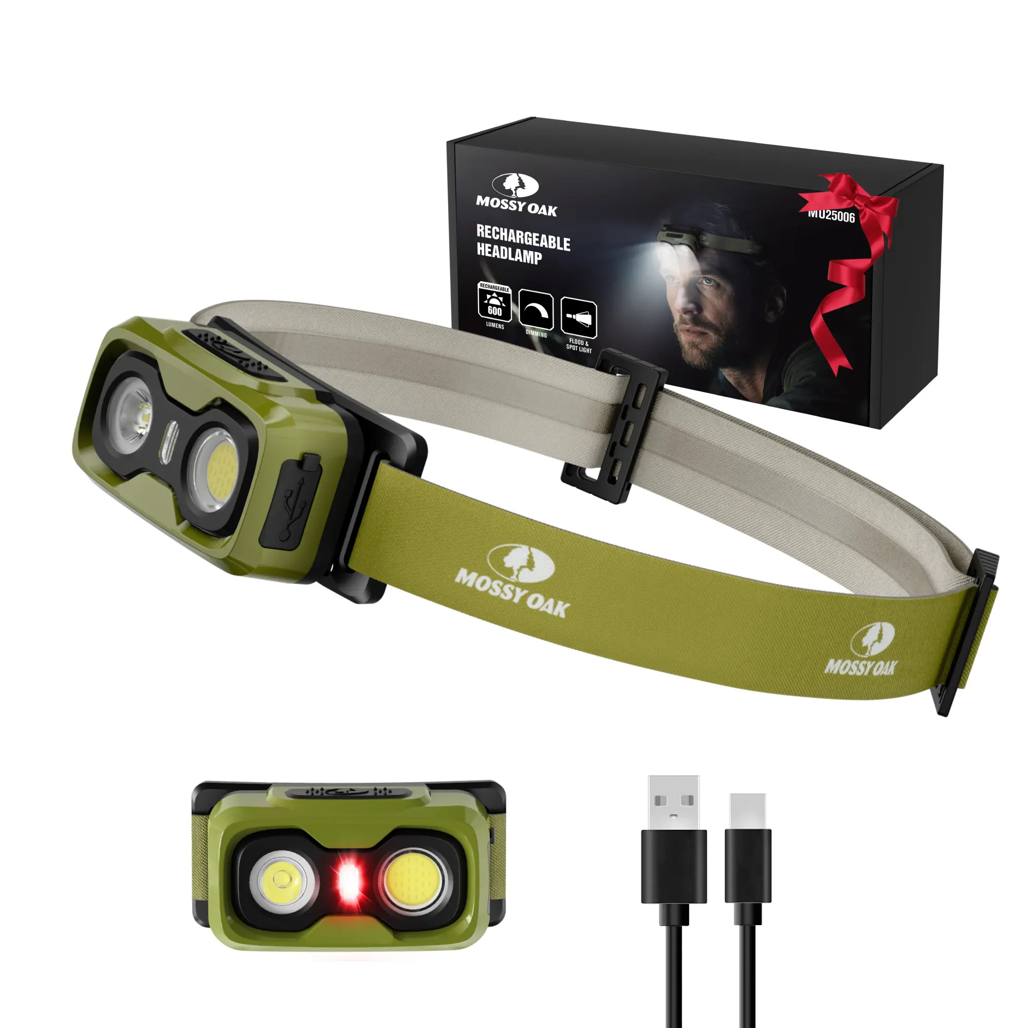 #fathersdaygift Mossy Oak 600 Lumens Rechargeable Headlamp, Lightweight LED Headlight with White & Red Light, Waterproof Head Lamp with Non-Slip Band, Dimmable & Memory Function for Hunting, Camping, Power Outage