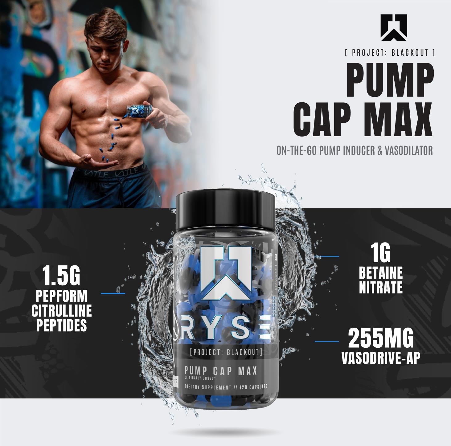RYSE Project Blackout Pump Cap Max - Pre Workout Nitric Oxide Booster Supplement for Men - Pumps & Blood Flow - 30 Servings (120 Capsules)