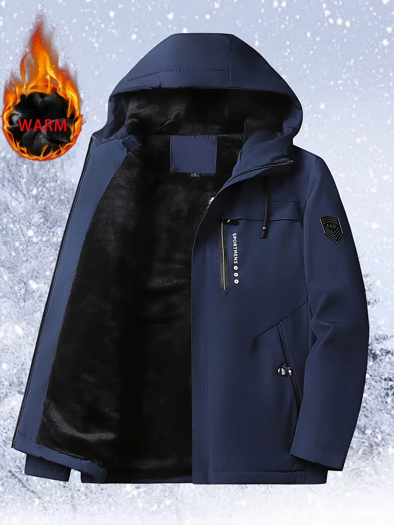 Men's warm and insulated winter jacket with full zipper closure, hooded windbreaker, machine washable cold weather outdoor apparel, suitable for skiing, snowboarding, hiking Windproof Outerwear
