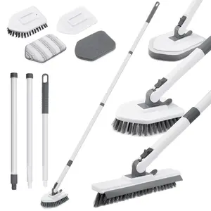 Bestnifly Shower Cleaning Brush with Locking Head, 4 in 1 Tub Tile Scrubber Brush with Extendable Long Handle Stiff Bristles Scouring Pads Microfiber for Cleaning Bathtub Shower Wall Bathroom