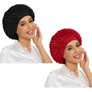 2Pcs Satin Bonnet for Sleeping, Silk Hair Wrap for Curly Hair with Elastic Wide Band, Black Satin Bonnet for Women