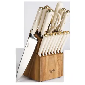 Martha Stewart 16 Piece Lockton High Carbon Stainless Steel Cutlery Kitchen Knife Block Set W/ ABS Tripe Riveted Forged Handle Acacia Wood Block