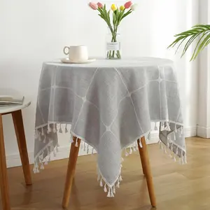 Plaid Tablecloth with Fringe, Round Dual-Layer Plaid, Embroidered, Handmade Fringe, Stain-Resistant, Non-Slip, Ideal for Gatherings
