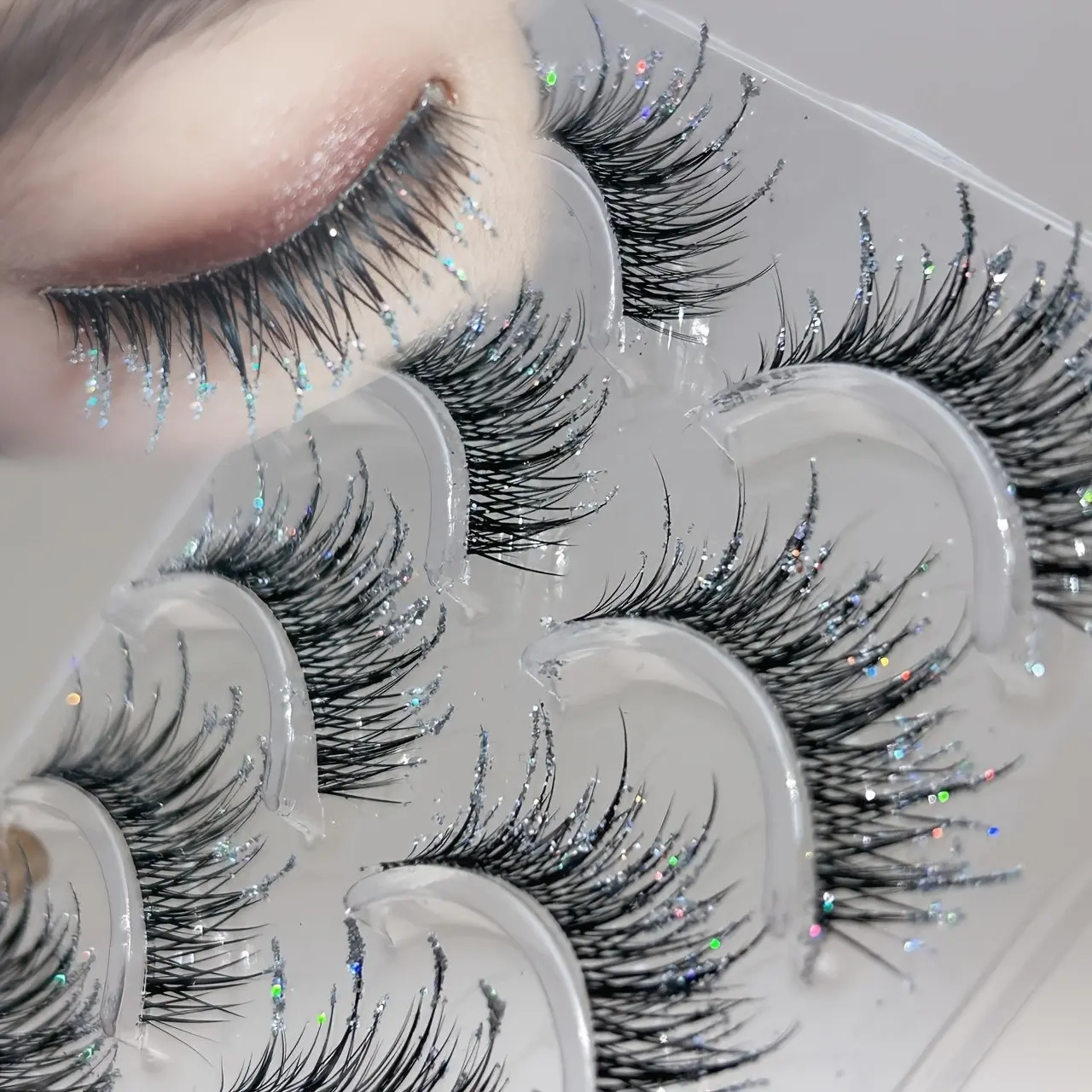 Thai Style Rhinestone False Eyelashes, 5 Pairs Cross Fiber Long Natural Dense, Glass Sparkle Effect, Nude Wearable Wild Realistic, Music Festival Makeup, Glitter Lashes, Foxy Lashes