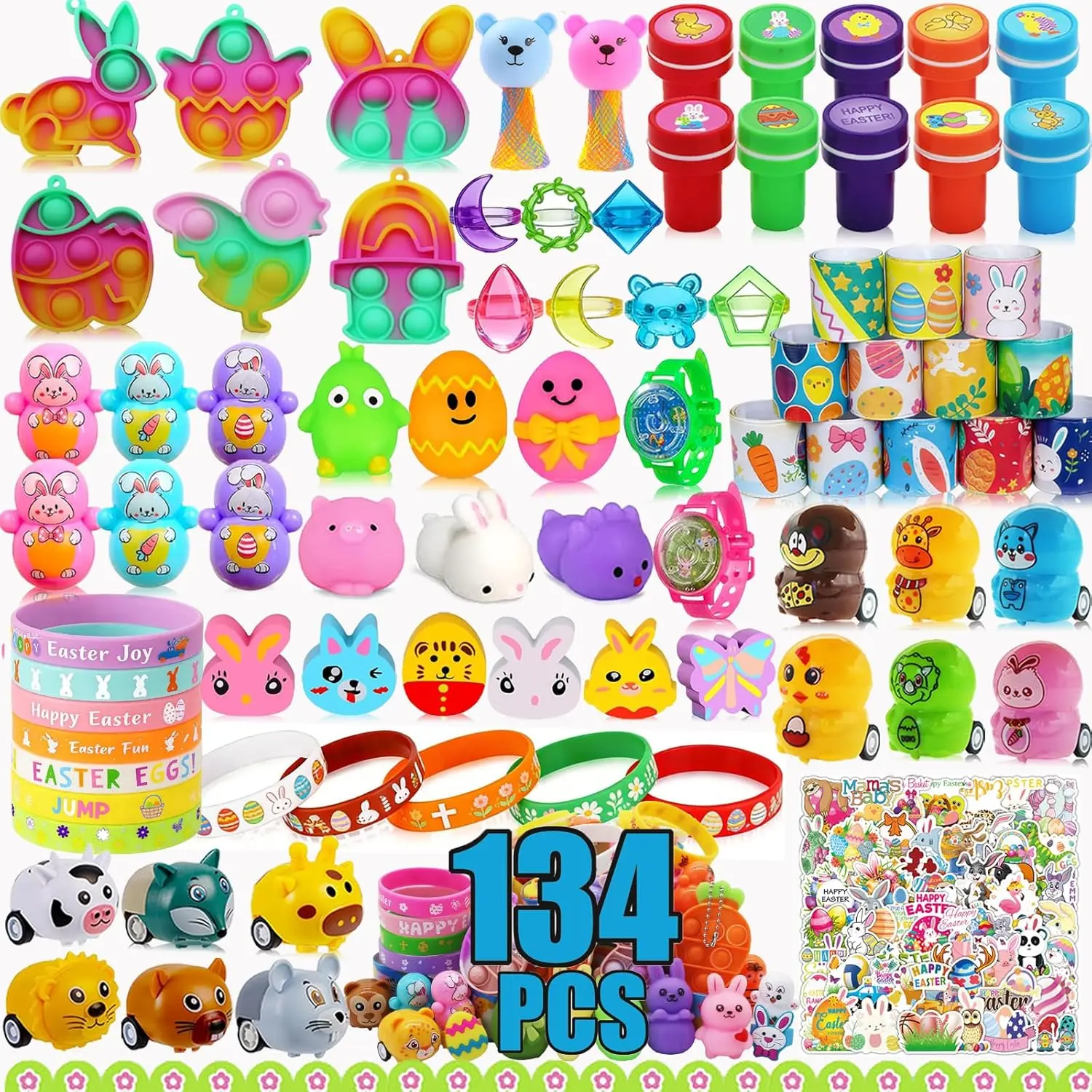 134-Piece Vibrant Easter Egg Filler Set with Squishies, Kids Basket Stuffers, Classroom Prizes, Party Favors (Kids Easter Baskets Ideas Included)