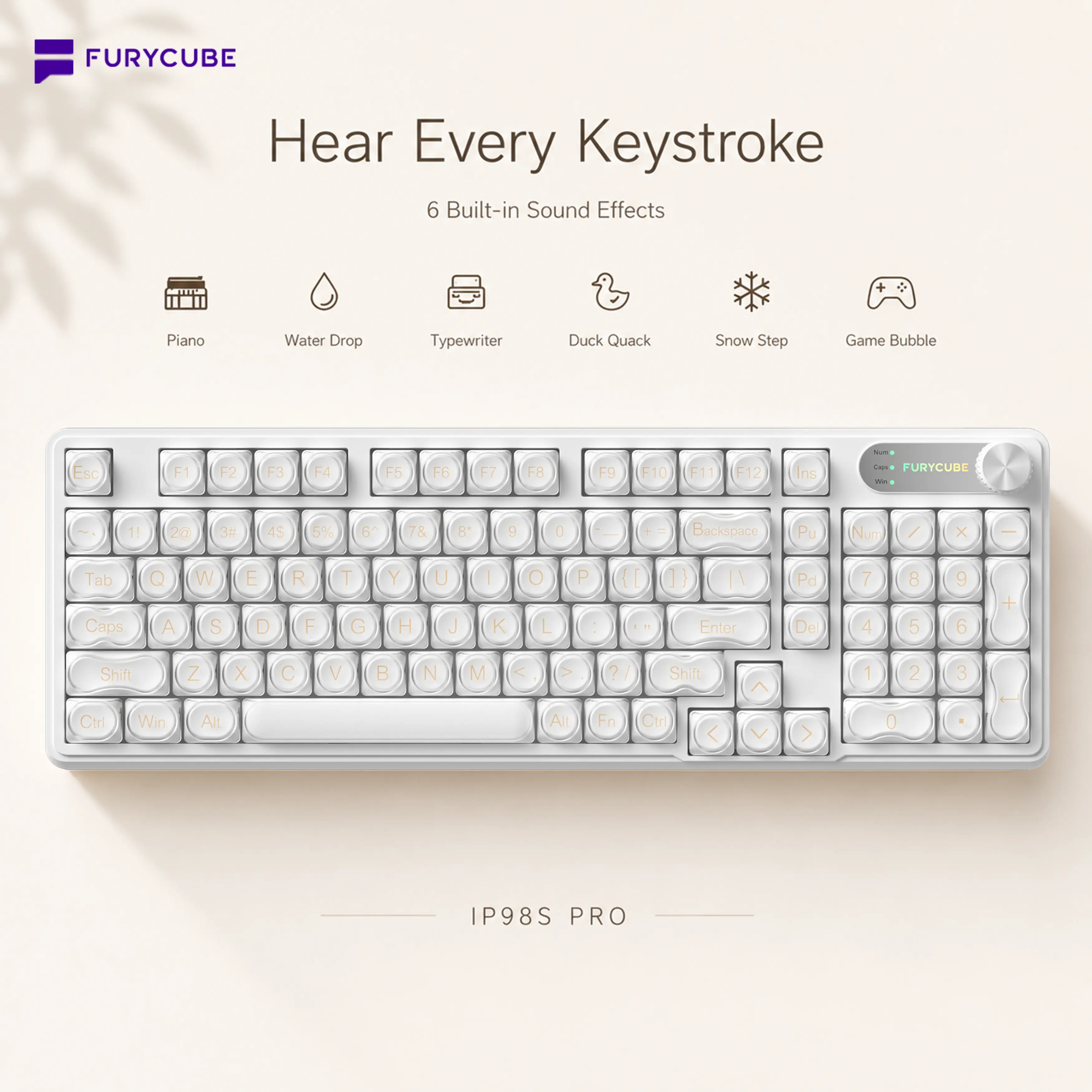 FURYCUBE IP98S Pro Music Foudation Keyboard, 6 Sound Effect, 98 keys with Media Knob Transparent Keycaps Tri-Mode BT/2.4GHz/USB-C Cute Funny Keyboard with Number Pad, RGB Backlit Work/Office/Gaming Silent Keyboard, Gift, Summerwins,backtoschool