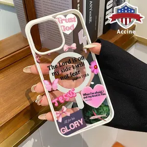 Magnetic Phone Case for iPhone 16 Pro Max 15 Plus 14 13 12 11 XR E XS Faith Over Fear Psalm Christian Aesthetic Pattern Non-Yellowing Shockproof Soft Silicone Transparent Acrylic Cover Supports Wireless Charging.