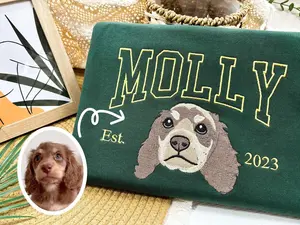 Custom Pets Hoodie, Faux Embroidery Effect Pet Portrait Sweatshirt, Personalized “Name + EST Year” Design, Upload Your Pet Photo via Message