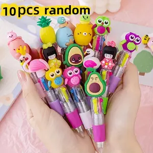 10-Pack Four-Color Ballpoint Pens, Retractable Design, Cute Cartoon Style, Portable Mini Size, Easy Grip Round Body