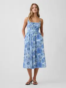 Women's Smocked Tie-Front Midi Dress - Blue Floral