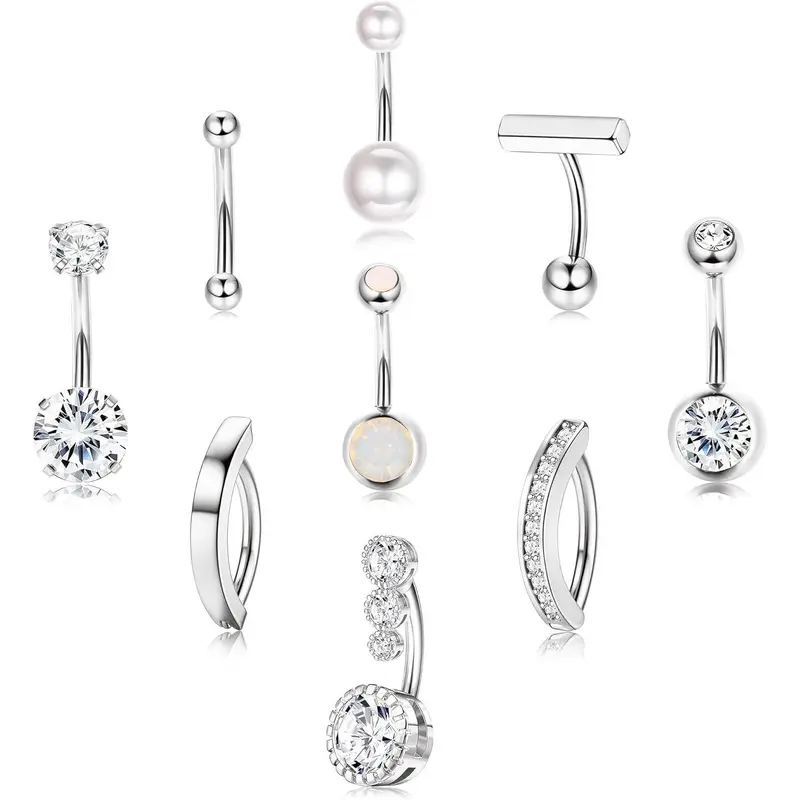 Women's 9-Piece Gold-Plated Boho Chic Navel Piercing Body Jewelry Accessory, Cute Sparkling Opal & Pearl Accents, Hypoallergenic Piercing Jewelry for Daily Wear