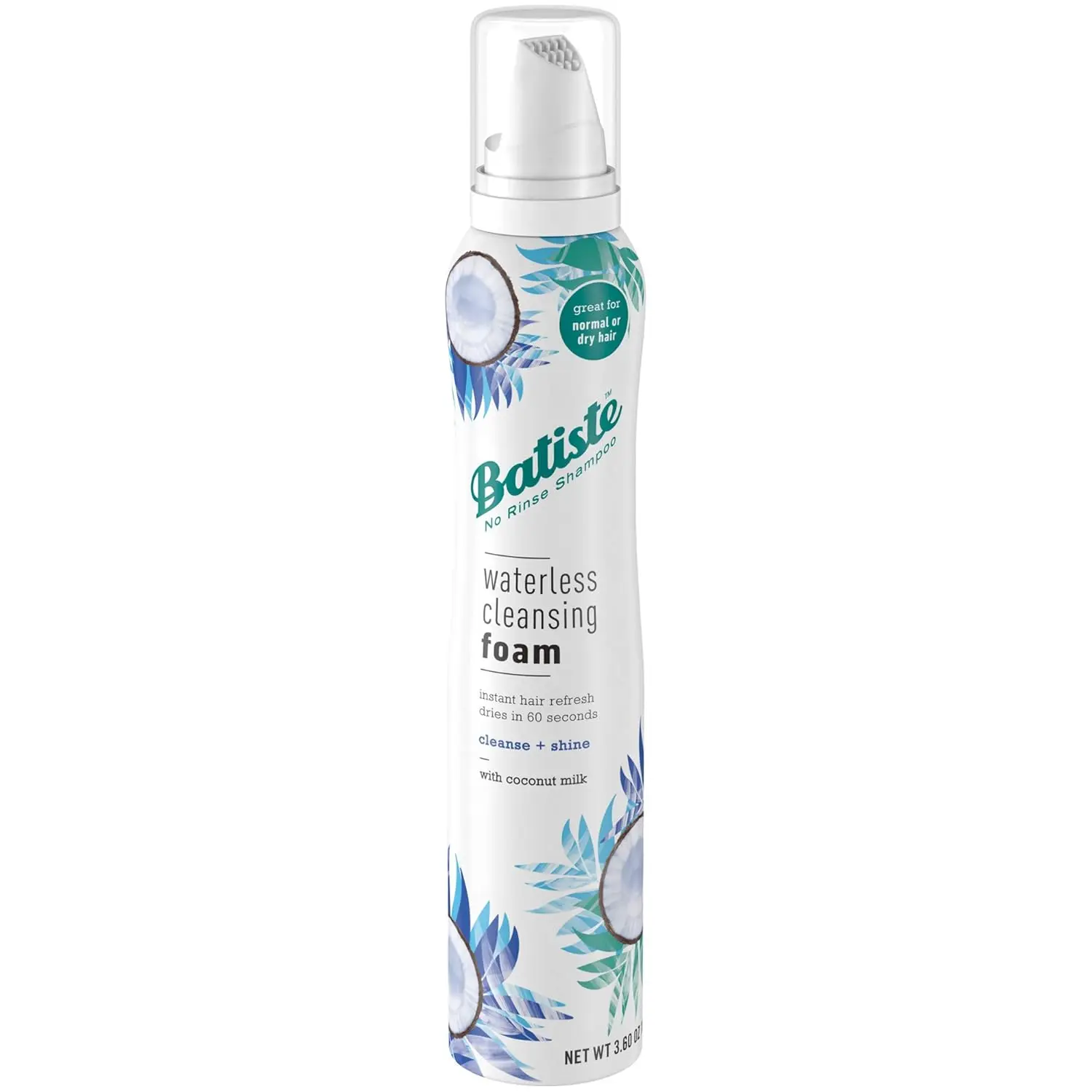 Batiste Waterless Dry Shampoo Cleanser - 3.6oz Volumizing No-Rinse Coconut Milk Foam, Youth-Focused Quick Refresh Gentle Lightweight Haircare Product, Gentle Haircare, Volumizing Dry Shampoo, Cleanses+Shines
