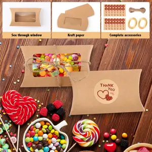 50PCS Cushion Boxes, 14.5 x 7.5 cm Kraft Paper Cushion Box, Gift Box with Clear Window, Sweets Gift Boxes with Sticker Twine Ribbon for Wedding, Birthday