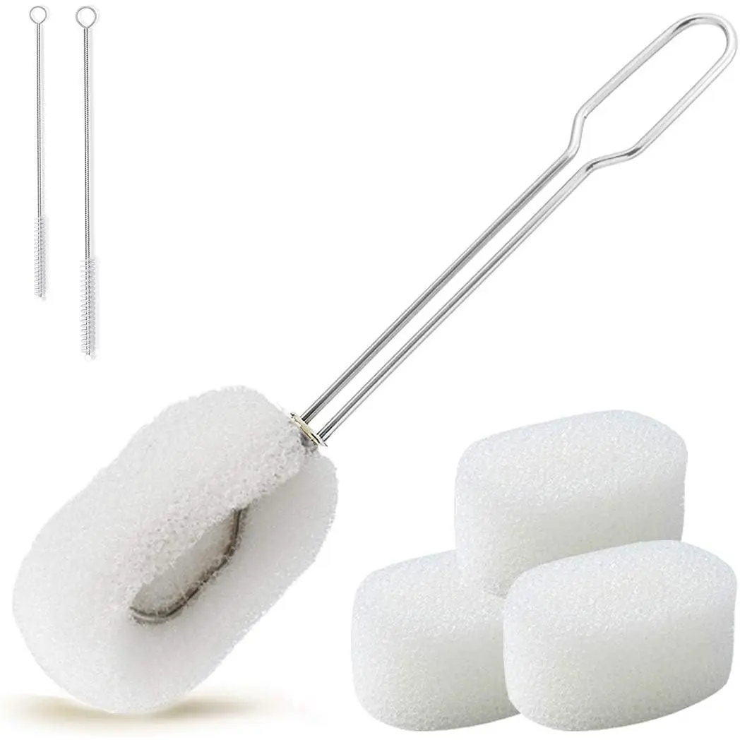 6-Pack Sponge Bottle Dish Brush with Handle, Non-Scratch Washing Scrubber Cleaner for / Glass, Cups, Tumblers with 3 Refill Heads and 2 Straw Brush