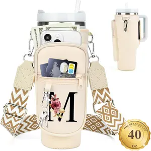 LOKASS Personalized Water Bottle Holder with Strap for Stanley Cup Accessories 40 oz Tumbler, Initial Water Bottle Carrier Bag/Phone Pocket, Mother's Day/Birthday Gifts for Women/Girls