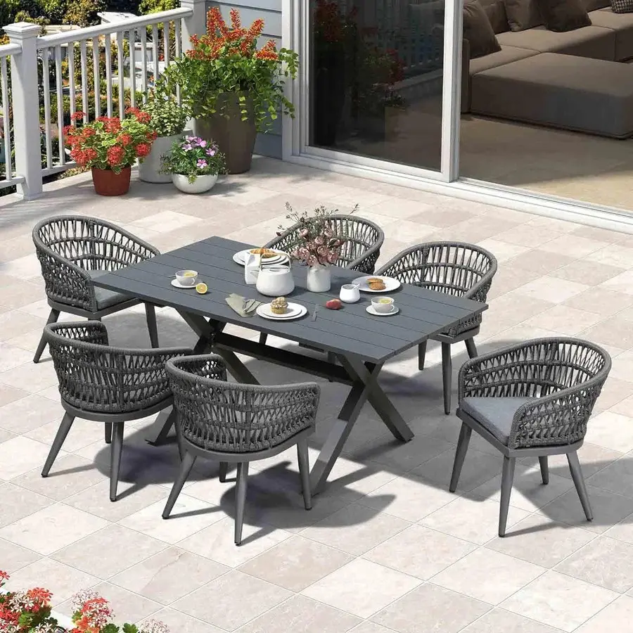 PURPLE LEAF Sturdy Stable Grey Rattan Outdoor Dining Set - All-Weather Weaved Look Rectangular Patio Set with Table and Chairs, Weatherproof Furniture for Garden, Lawn