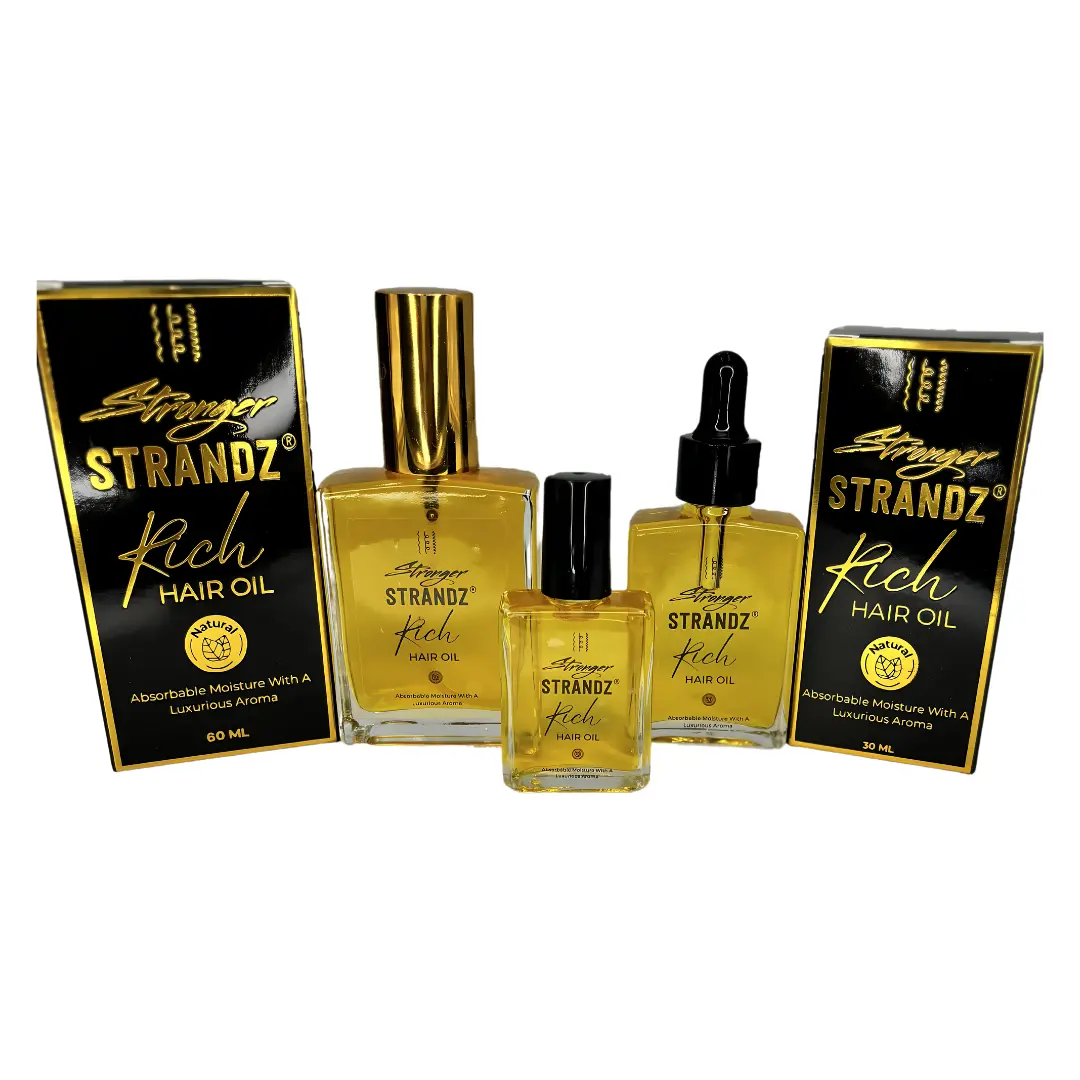 Stronger StrandZ Rich Hair Oil -For natural textures and protective Hairstyles. Rich in Omega 3 & 6, Absorbable Moisture for curly, coily, textured hair. Preservative-Free with a Luxurious feel & Aroma. Offered in 15ml/30ml/60ml.
