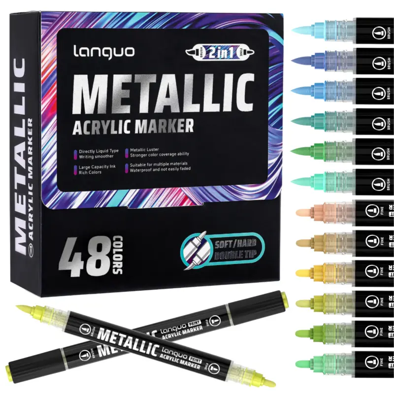 Acrylic Paint Metallic Markers, Waterproof Brush Markers, Automatic ink control Dual Tip Pens (Brush & Fine)for Black Paper & Rock Painting Metallic Acrylic Paint Markers for DIY Crafts, Scrapbooking, Glass, Wood, Art Drawing Supplies