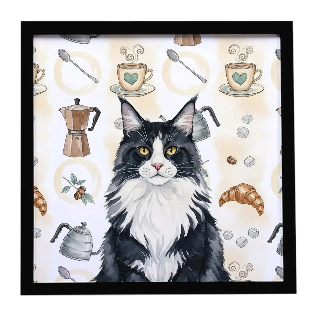 Carolines Treasures FNT1384MFP88 8x8 in. Light Weight Aluminium Framed Metal Print - Contemporary Modern Decorative Black & White Maine Coon Cat Coffee Graphic Art, Christmas Animal Wall Decoration, Home Decor Gift